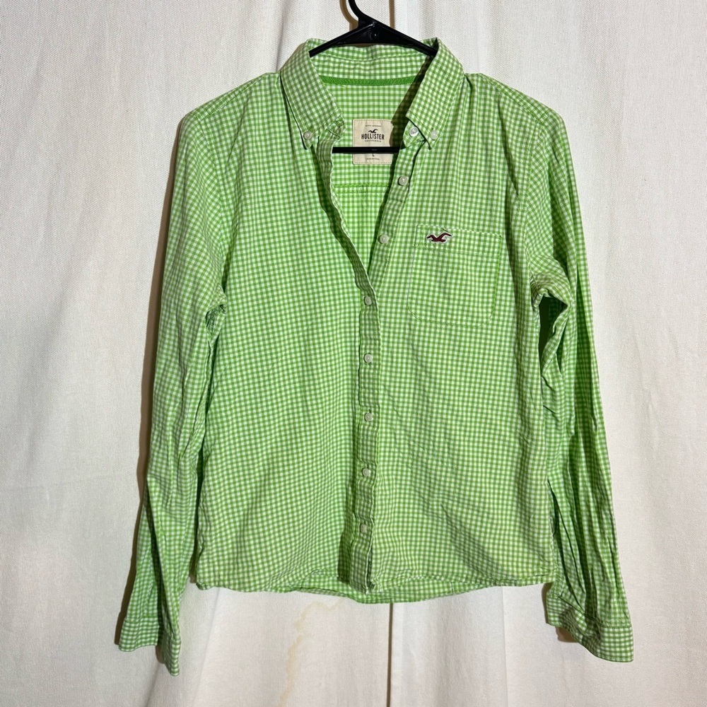 Hollister // lime green, white plaid button down cotton shirt size large dc1